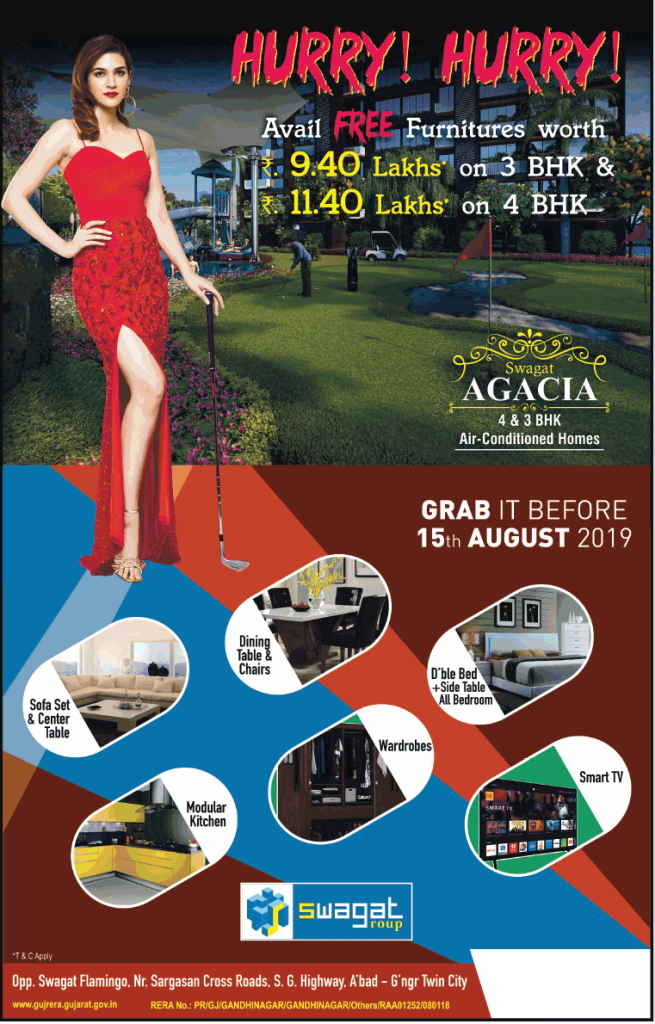 Hurry-hurry avail free furnitures worth Rs 9.40 Lakh on 3 BHK at Swagat Agacia, Ahmedabad